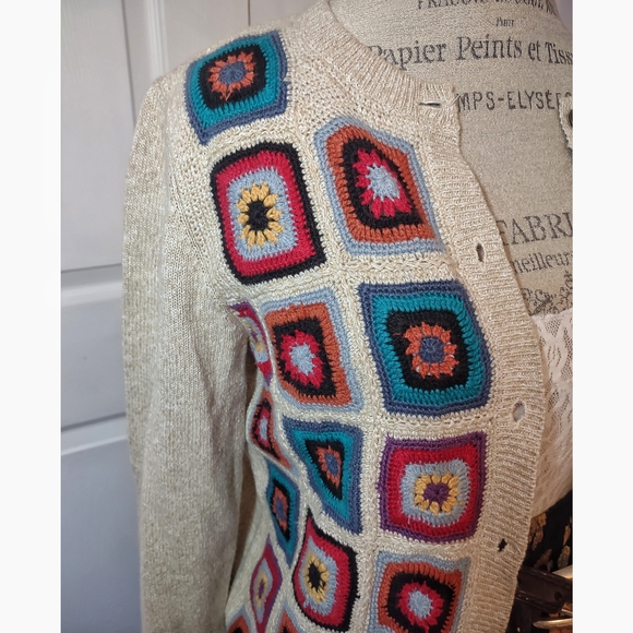Vintage Alfred Dunner Petite Crochetd Cardigan| Granny Squares| Beige - Picture 5 of 9